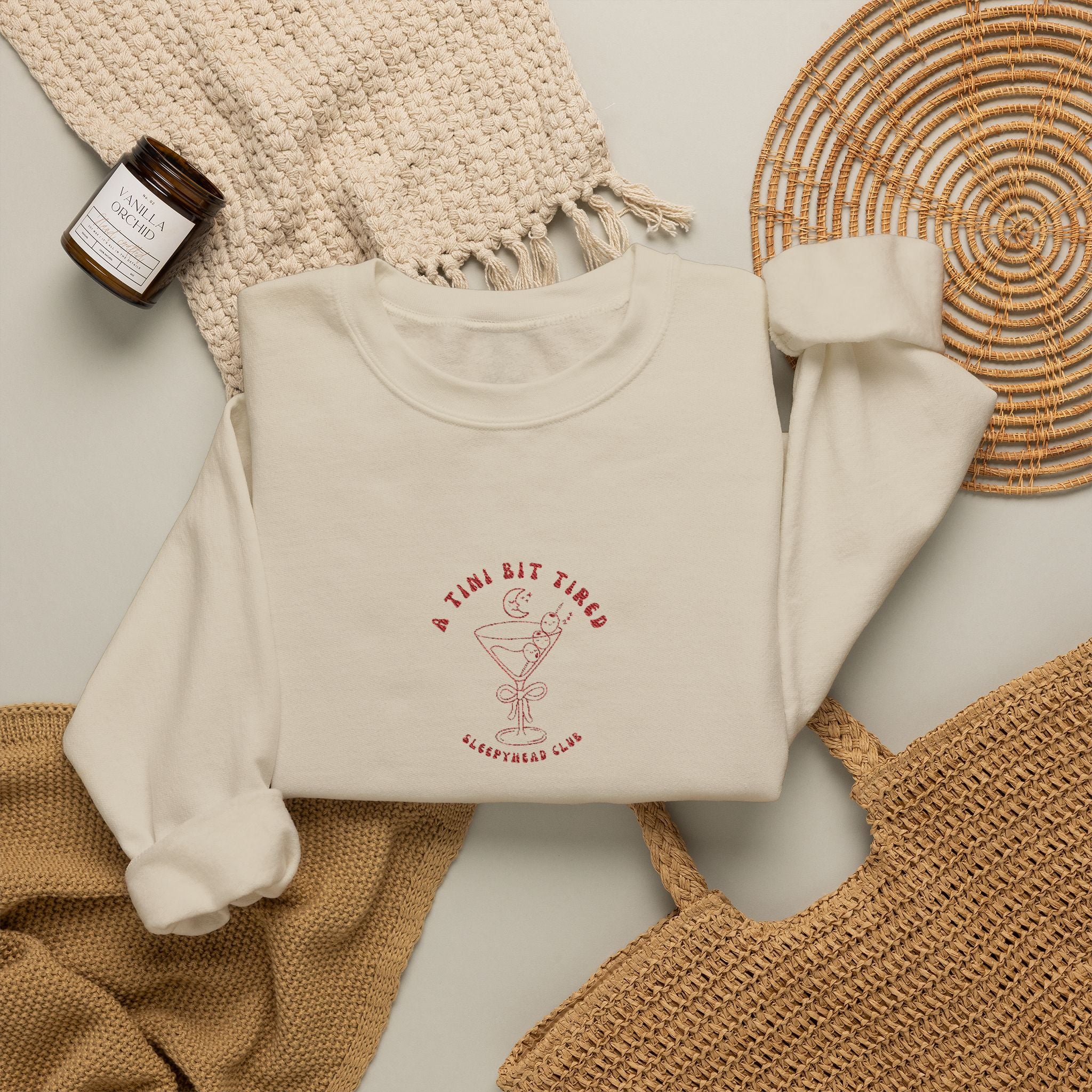 "A Tini Bit Tired" Embroidered Sleepyhead Club Crewneck Sweatshirt