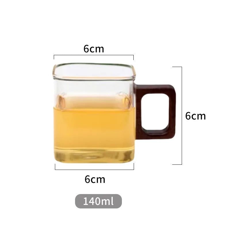 A technical product dimension diagram showing the height and width measurements of the 250ml square glass mug.